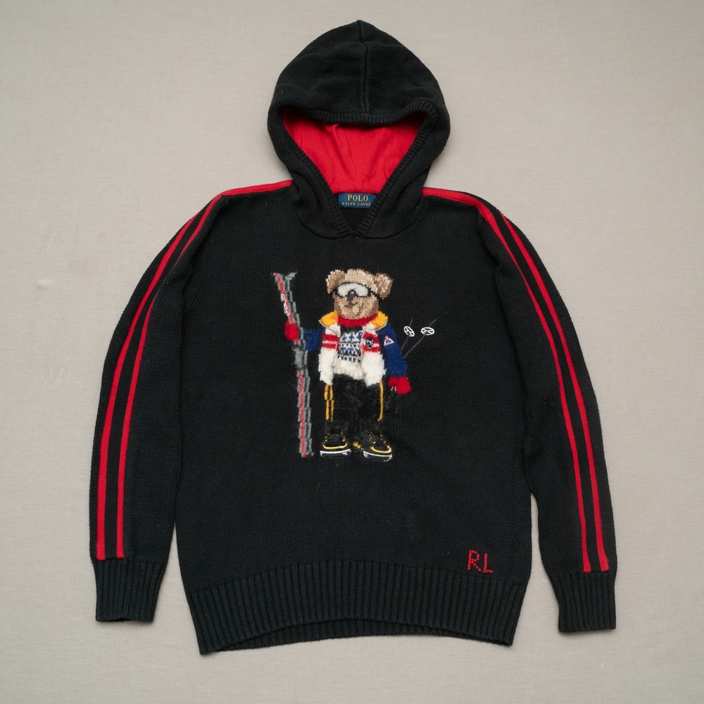 Polo Bear Ralph Lauren Ski RL Knit Hoodie Striped Sleeves Rare Size Youth XL